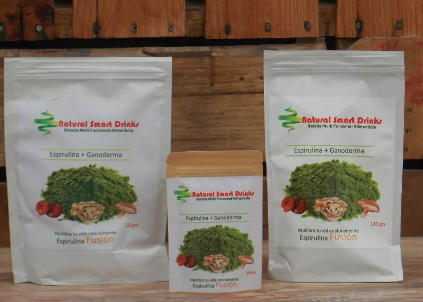 Empaques de Espirulina Fusion en sus presentaciones de 60 g, 120 g y 250 g